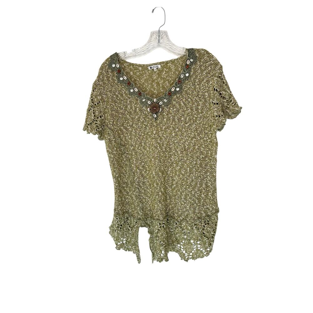 Vintage Green Seashells Beaded Gremlincore Knit Short Sleeve Sweater Size XL